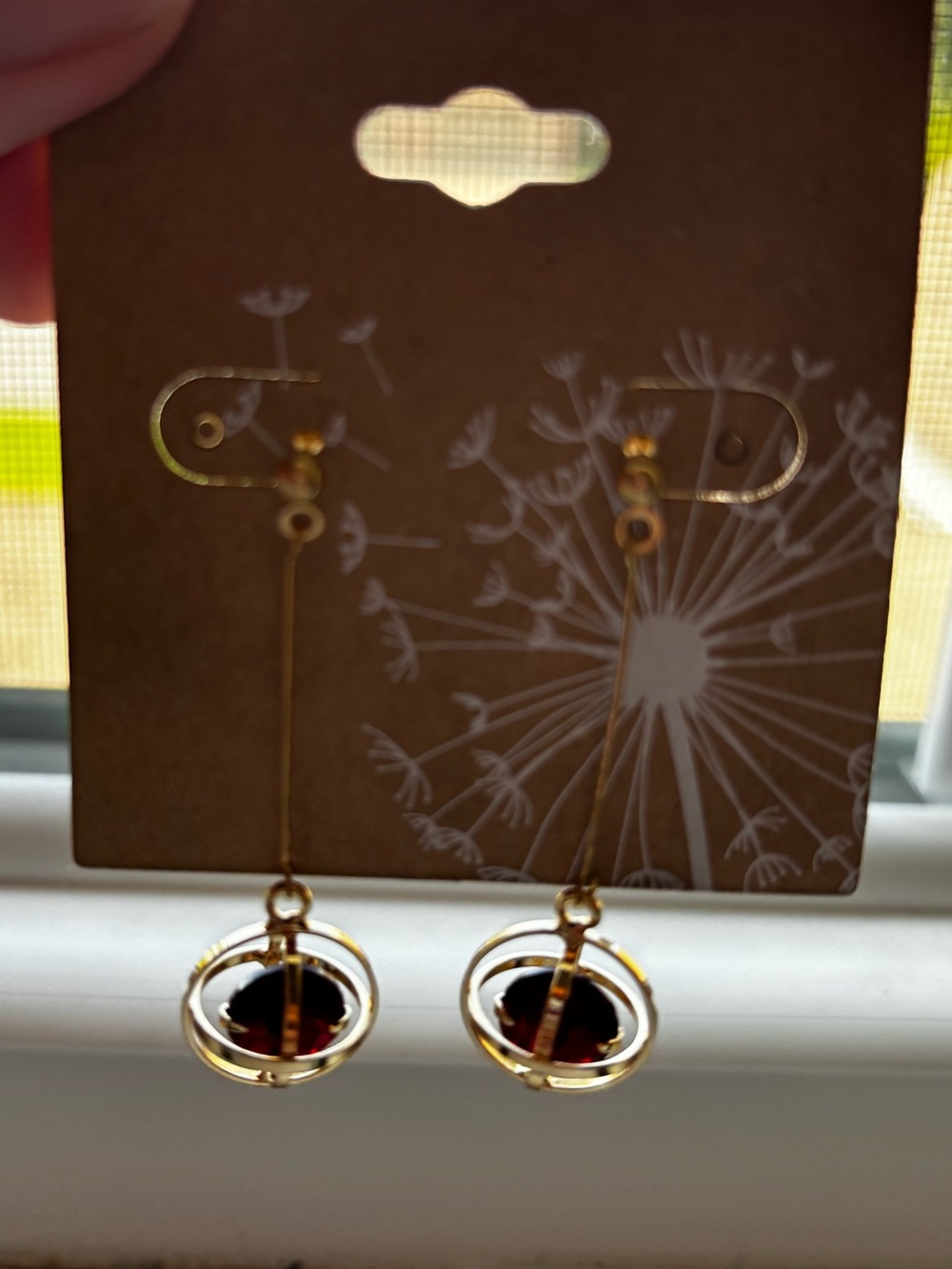 Gold Tone Dangle Globe Earrings with Red Gemstone